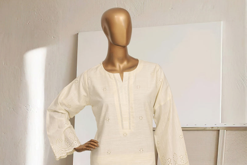 Khaddar Chikan-kari Co-ords - Stitched Kurti & Trouser with schiffli work - Cream