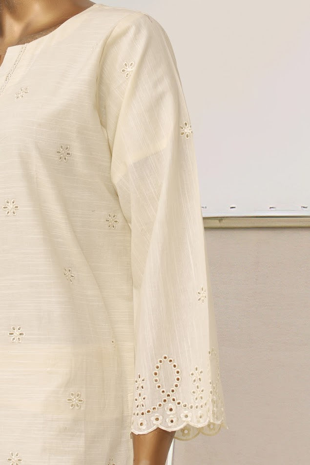 Khaddar Chikan-kari Co-ords - Stitched Kurti & Trouser with schiffli work - Cream