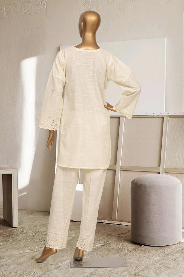 Khaddar Chikan-kari Co-ords - Stitched Kurti & Trouser with schiffli work - Cream