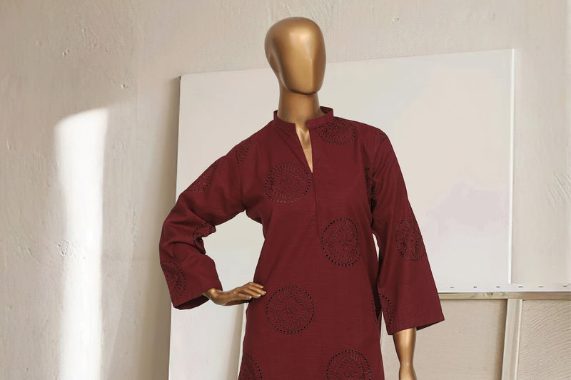 Khaddar Chikan-Kari Co-ords - Stitched kurti & trouser with schiffli work - Maroon