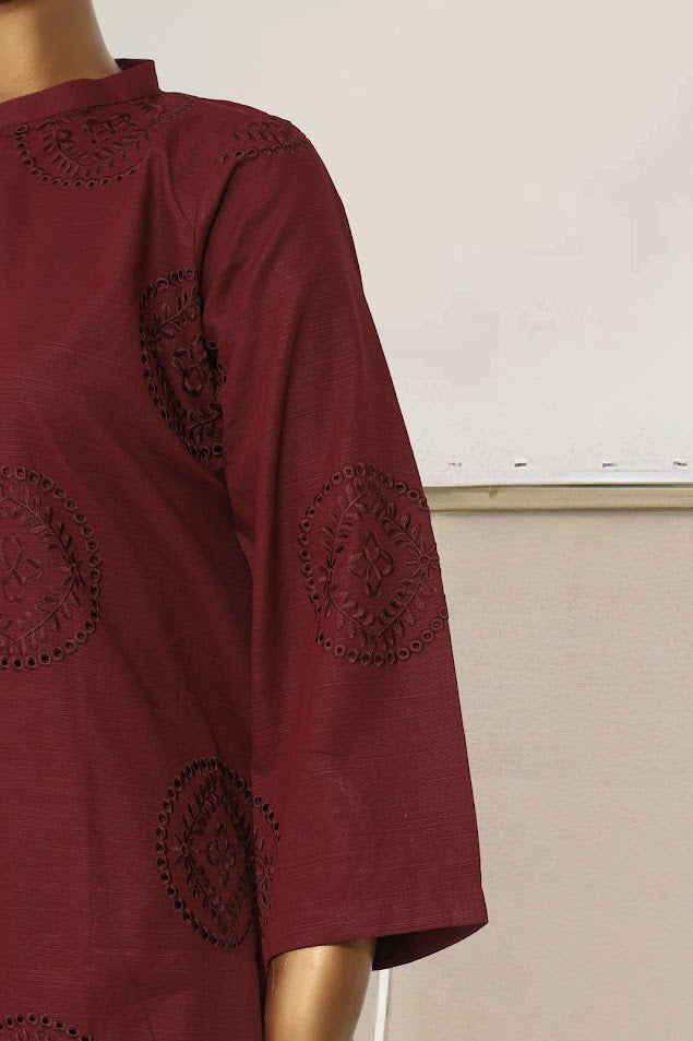 Khaddar Chikan-Kari Co-ords - Stitched kurti & trouser with schiffli work - Maroon