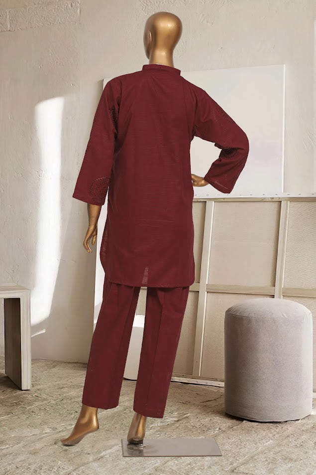 Khaddar Chikan-Kari Co-ords - Stitched kurti & trouser with schiffli work - Maroon