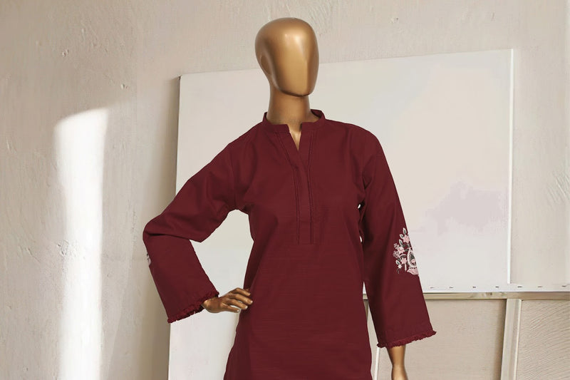 Khaddar Solid Bunch Co-ords - Stitched Embroidered Kurti & Trouser with Lace Work - Maroon