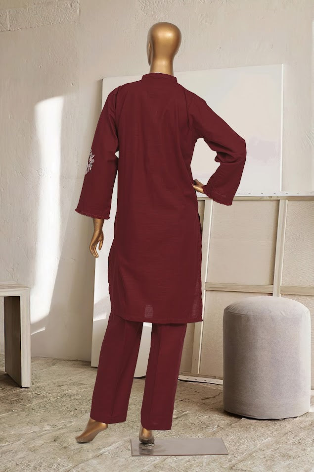 Khaddar Solid Bunch Co-ords - Stitched Embroidered Kurti & Trouser with Lace Work - Maroon