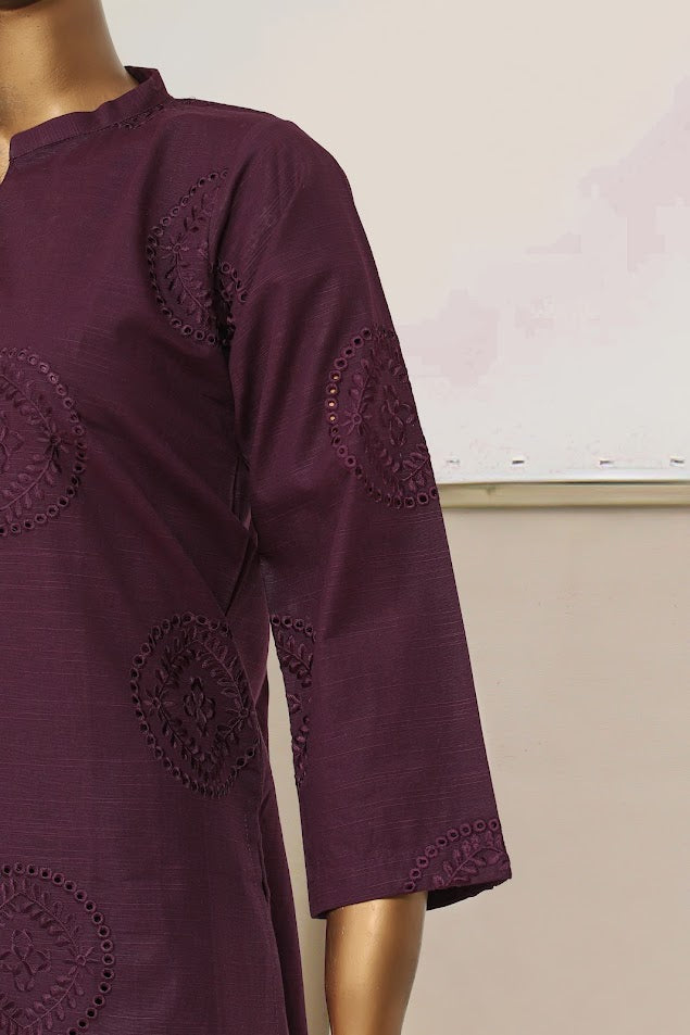 Khaddar Chikan-Kari Co-ords - Stitched kurti & trouser with schiffli work - Purple