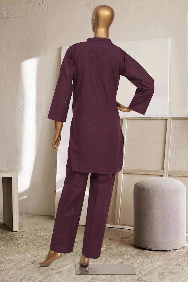 Khaddar Chikan-Kari Co-ords - Stitched kurti & trouser with schiffli work - Purple