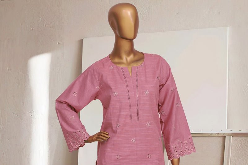 Khaddar Chikan-kari Co-ords - Stitched Kurti & Trouser with schiffli work - Pink