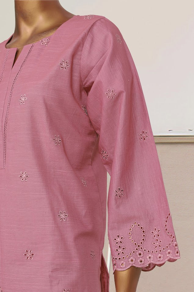 Khaddar Chikan-kari Co-ords - Stitched Kurti & Trouser with schiffli work - Pink