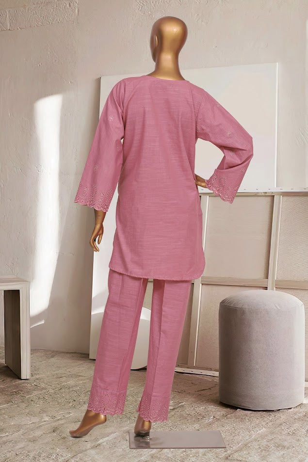 Khaddar Chikan-kari Co-ords - Stitched Kurti & Trouser with schiffli work - Pink