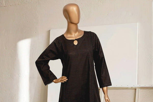 Khaddar Solid Frock Co-ords - Stitched Kurti & Trouser with Pintex & Lace work - Black