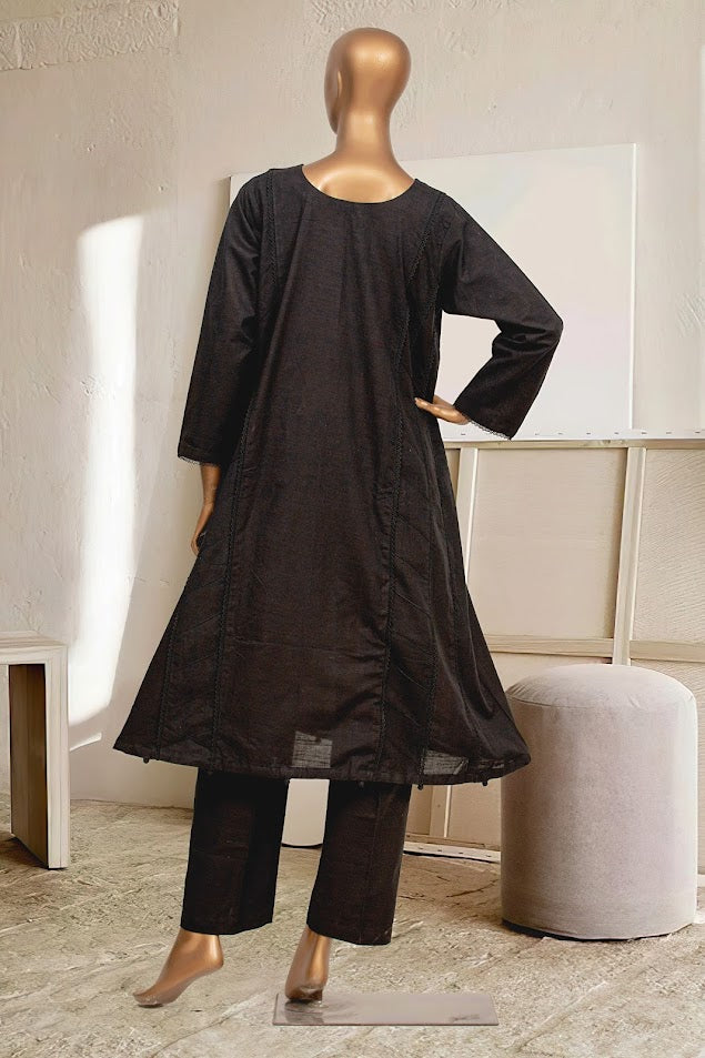 Khaddar Solid Frock Co-ords - Stitched Kurti & Trouser with Pintex & Lace work - Black