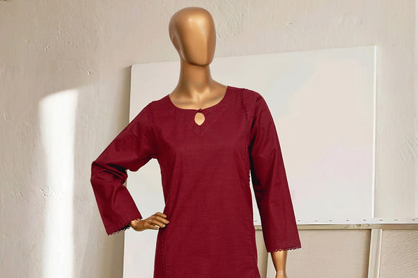 Khaddar Solid Frock Co-ords - Stitched Kurti & Trouser with Pintex & Lace work - Maroon