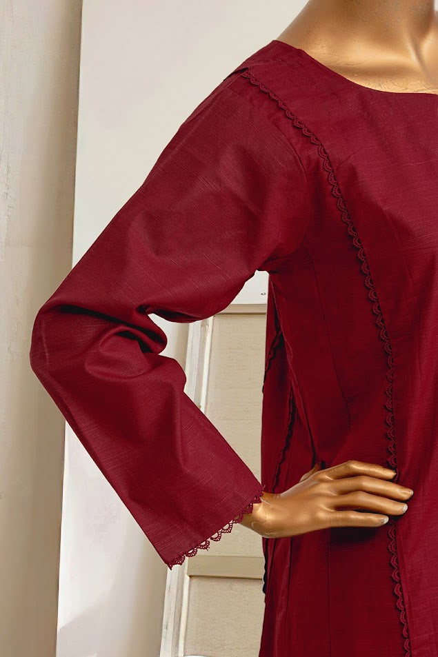 Khaddar Solid Frock Co-ords - Stitched Kurti & Trouser with Pintex & Lace work - Maroon