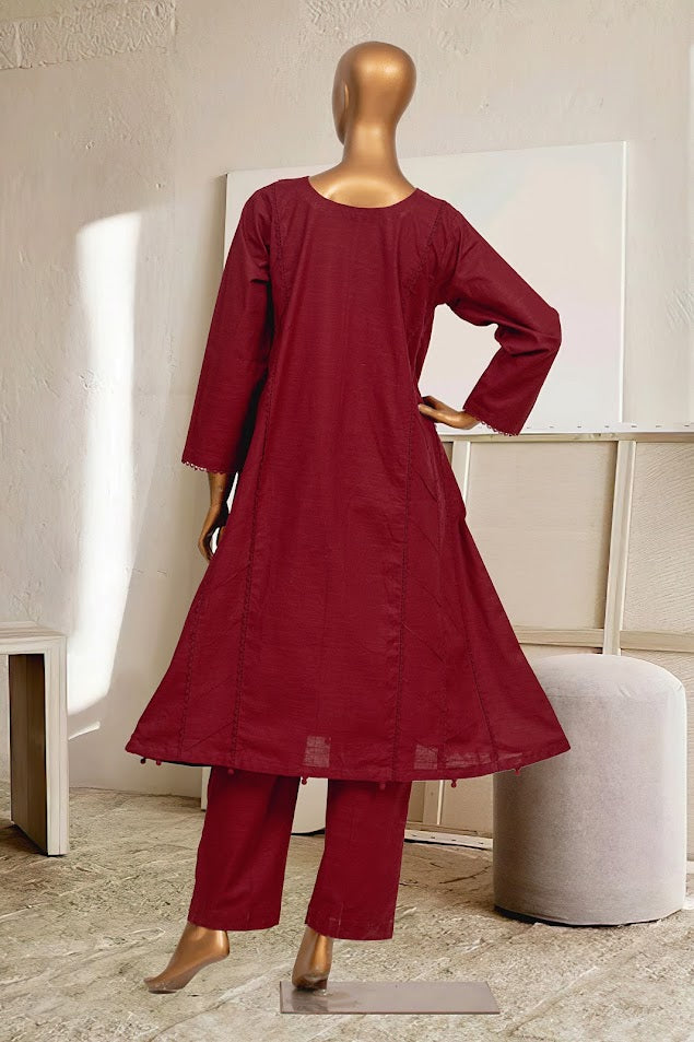 Khaddar Solid Frock Co-ords - Stitched Kurti & Trouser with Pintex & Lace work - Maroon