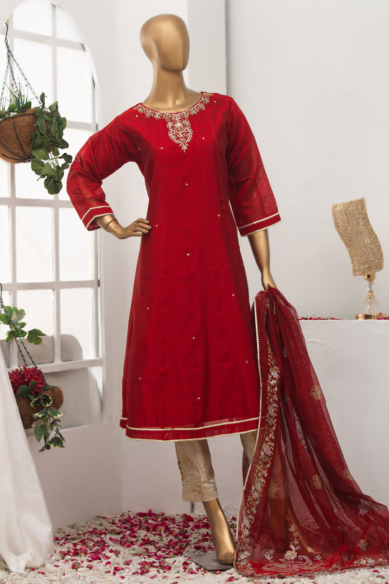 Cotton Net - Stitched Long Frock style Kurti & Dupatta with Handwork - Red