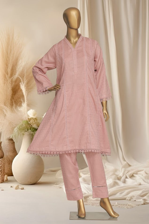 Self Cotton Solids - Stitched Frock style Kurti and trouser with Lace work - Peach