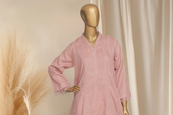 Self Cotton Solids - Stitched Frock style Kurti and trouser with Lace work - Peach