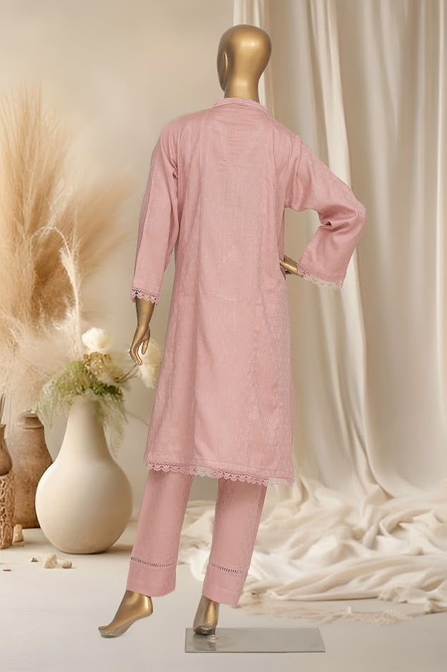 Self Cotton Solids - Stitched Frock style Kurti and trouser with Lace work - Peach