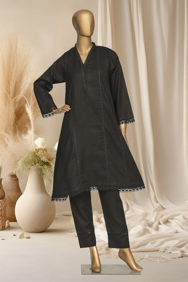 Self Cotton Solids - Stitched Frock style Kurti and trouser with Lace work - Black