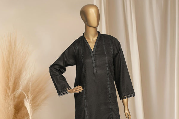 Self Cotton Solids - Stitched Frock style Kurti and trouser with Lace work - Black