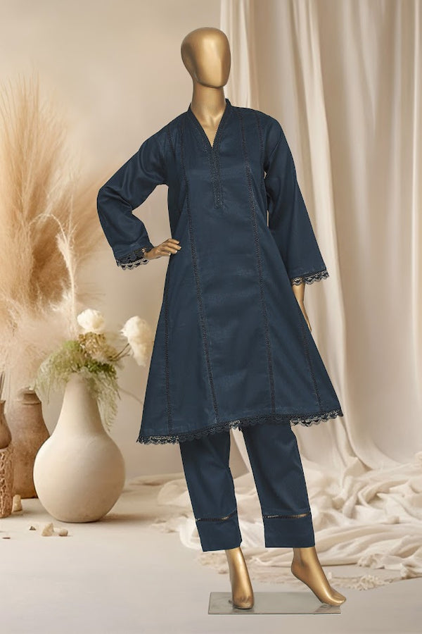 Self Cotton Solids - Stitched Frock style Kurti and trouser with Lace work - Navy Blue