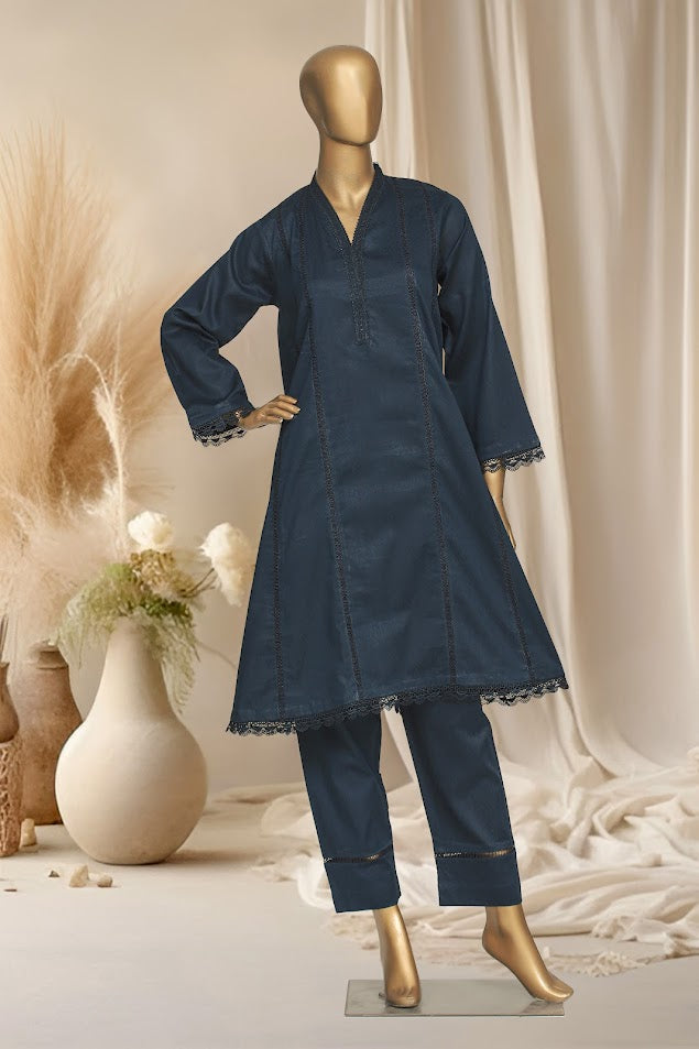 Self Cotton Solids - Stitched Frock style Kurti and trouser with Lace work - Navy Blue