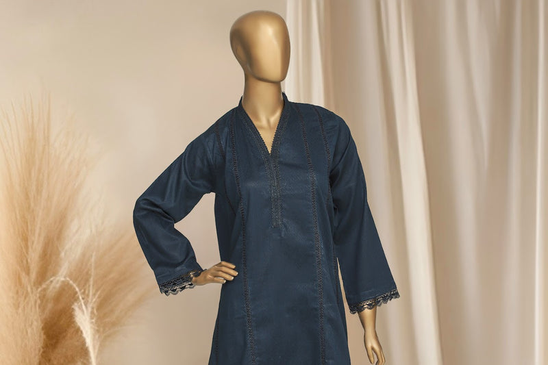 Self Cotton Solids - Stitched Frock style Kurti and trouser with Lace work - Navy Blue