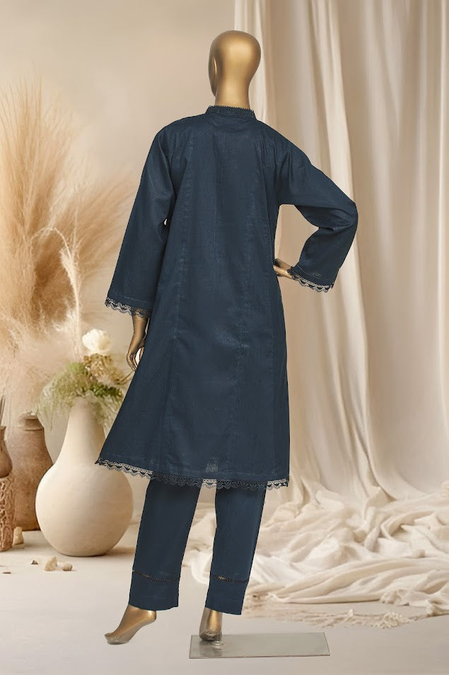 Self Cotton Solids - Stitched Frock style Kurti and trouser with Lace work - Navy Blue