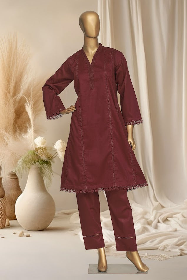 Self Cotton Solids - Stitched Frock style Kurti and trouser with Lace work - Maroon