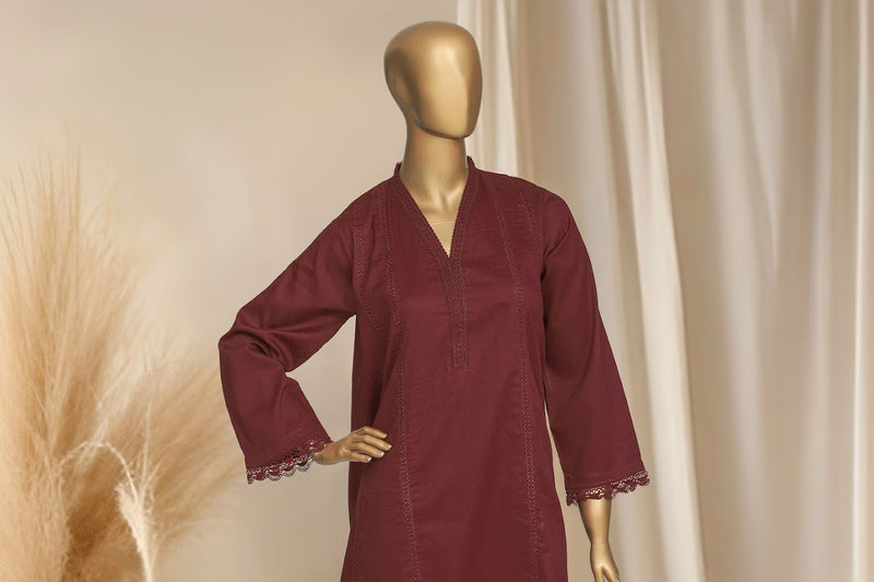 Self Cotton Solids - Stitched Frock style Kurti and trouser with Lace work - Maroon