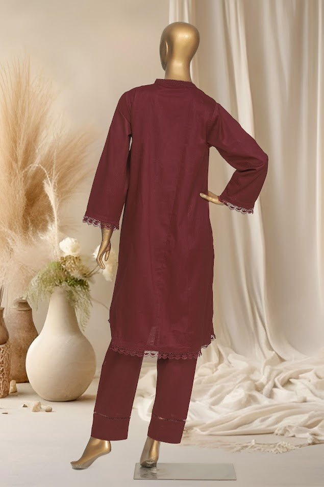 Self Cotton Solids - Stitched Frock style Kurti and trouser with Lace work - Maroon