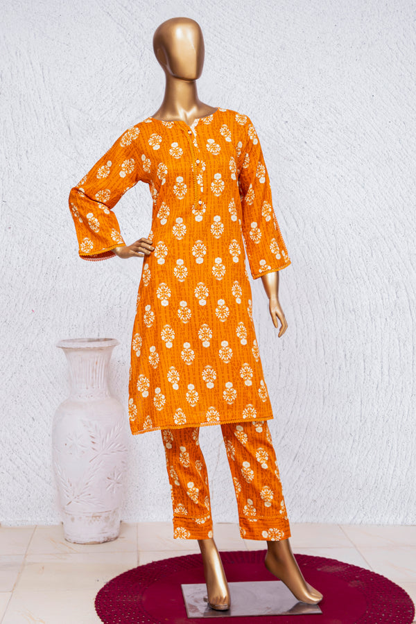 Lawn Co-ords - Stitched Printed Kurti & Trouser with Lace work - Orange