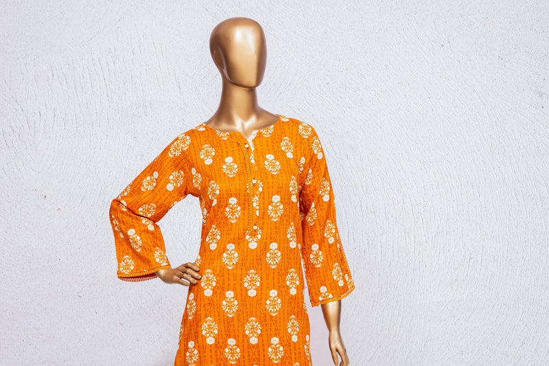 Lawn Co-ords - Stitched Printed Kurti & Trouser with Lace work - Orange
