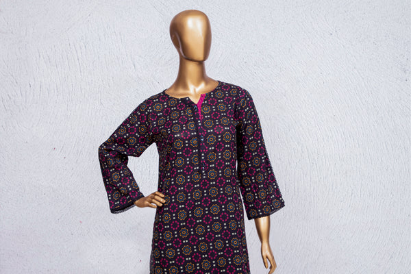Lawn Co-ords - Stitched Printed Kurti & Trouser with Lace work - Black