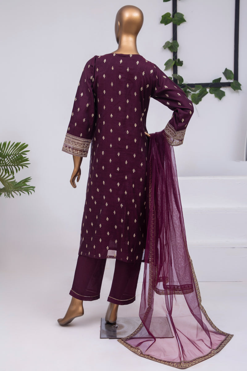 Khaddi Net | Open Coat A-Line Style Stitched Embroidered 3piece with Hand work - D.Purple