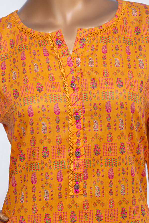 Lawn Co-ords - Stitched Printed Kurti & Trouser with Lace work - Orange