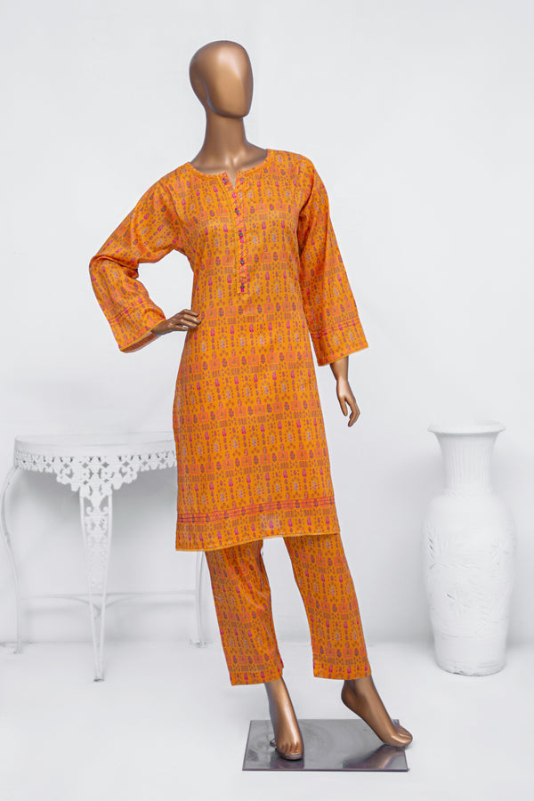 Lawn Co-ords - Stitched Printed Kurti & Trouser with Lace work - Orange