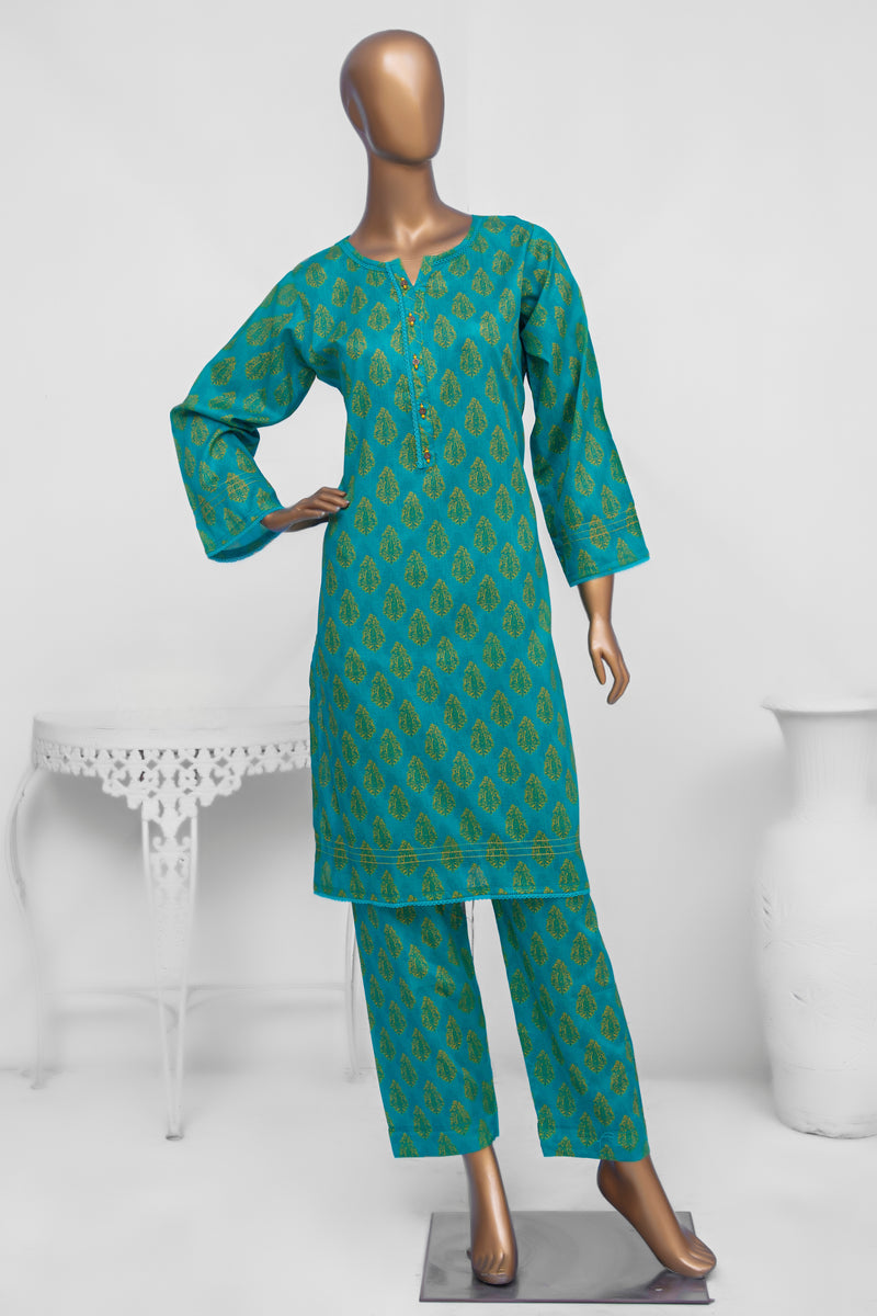 Lawn Co-ords - Stitched Printed Kurti & Trouser with Lace work - C.Green