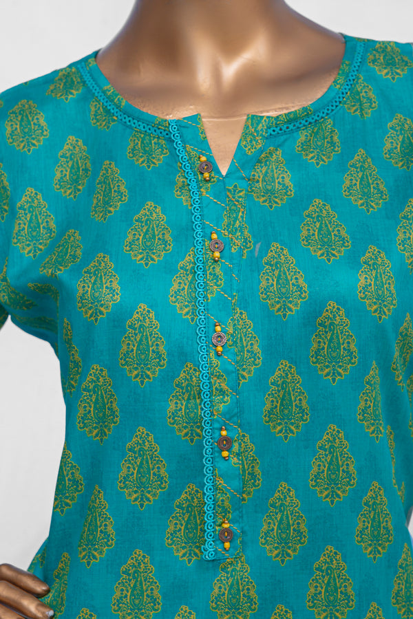 Lawn Co-ords - Stitched Printed Kurti & Trouser with Lace work - C.Green