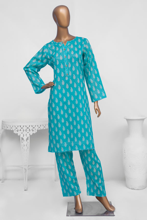 Lawn Co-ords - Stitched Printed Kurti & Trouser with Lace work - Ferozi