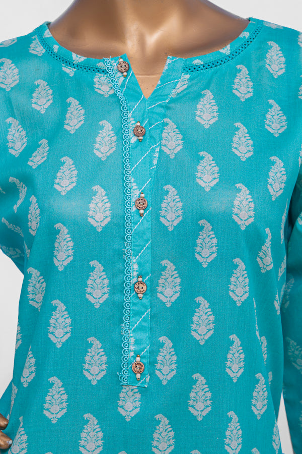 Lawn Co-ords - Stitched Printed Kurti & Trouser with Lace work - Ferozi