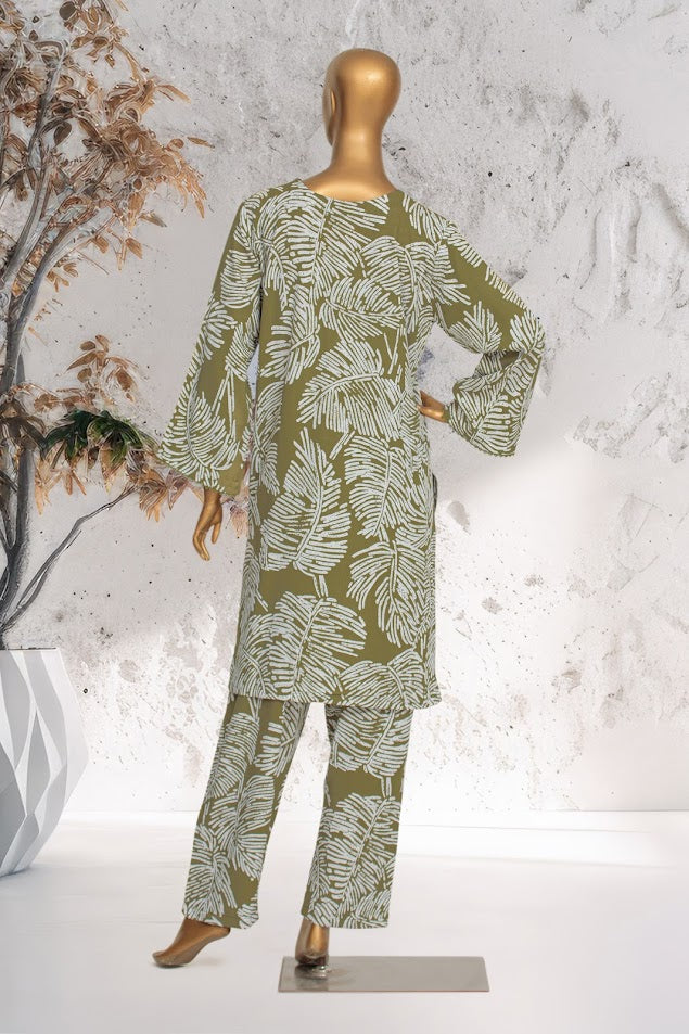 Linen Co-ords - Stitched Printed Kurti & Trouser with Lace work - Green