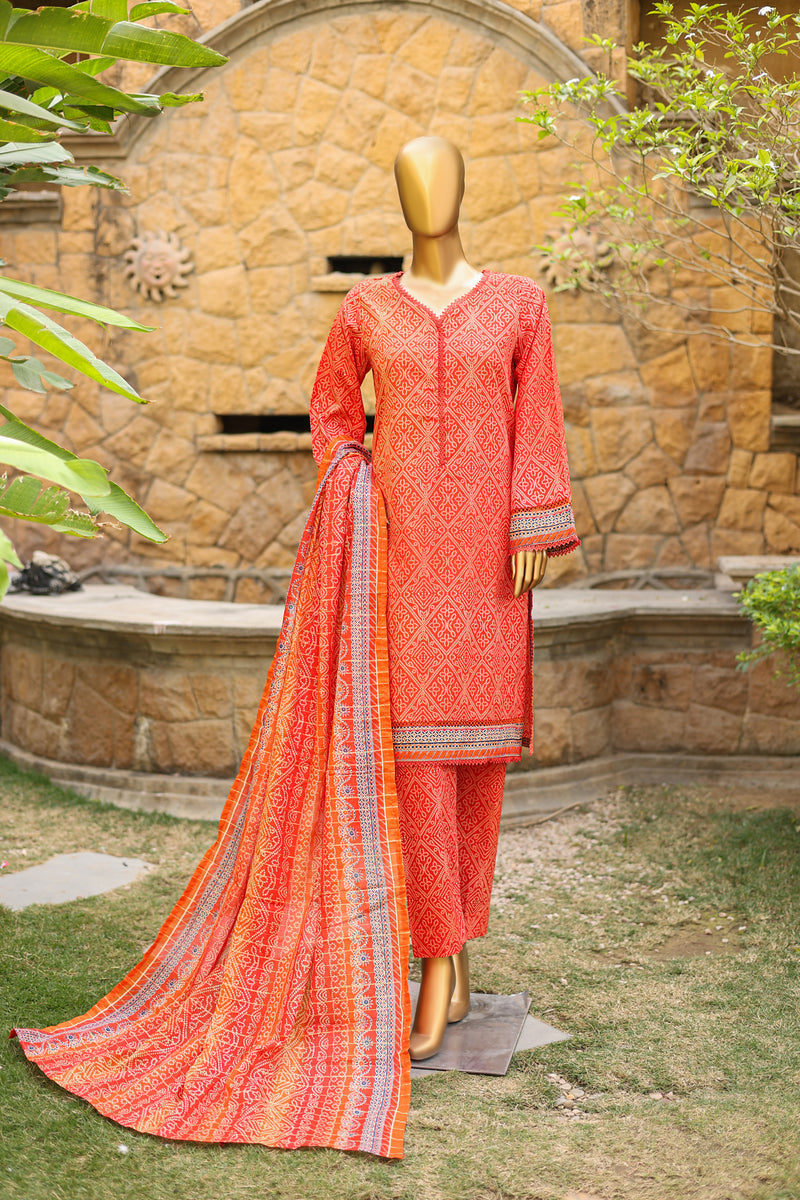 Lawn - Stitched Printed 3piece with Lace work - Orange