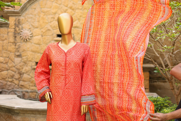 Lawn - Stitched Printed 3piece with Lace work - Orange