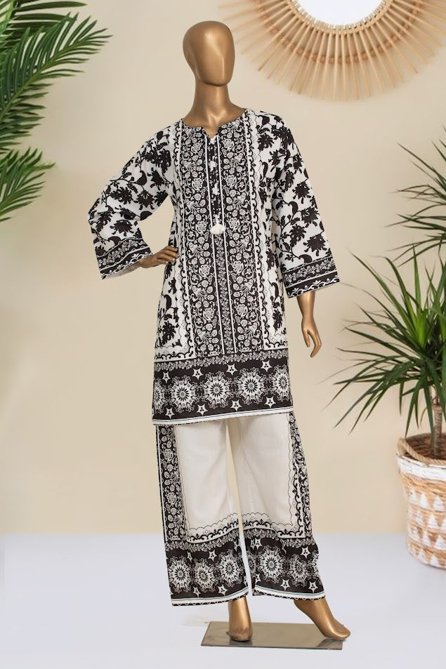 CREPE Co-ords - Stitched Printed Kurti & Trouser - Black and White