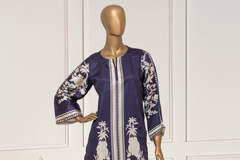 Silk  Co-ords - Stitched Printed Kurti & Trouser  - Navy Blue