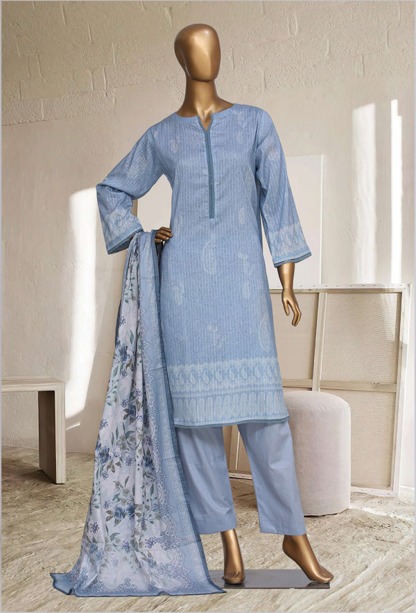 Lawn - Stitched Printed 3piece with Lace work - Sky-Blue