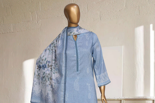 Lawn - Stitched Printed 3piece with Lace work - Sky-Blue