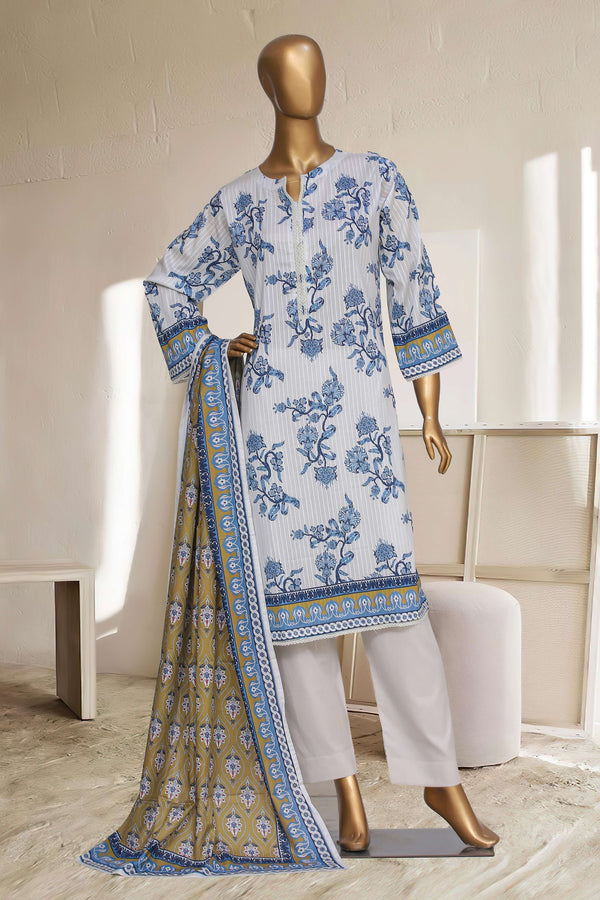 Lawn - Stitched Printed 3piece with Lace work - Blue-White