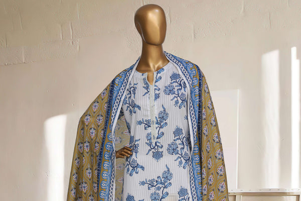 Lawn - Stitched Printed 3piece with Lace work - Blue-White